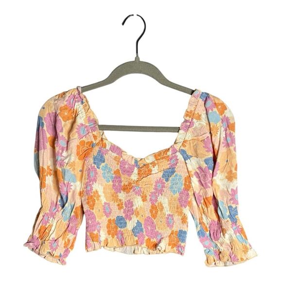 Charlie Holiday Pink and Purple Floral Cropped Smocked Top Size 8 - Picture 1 of 6